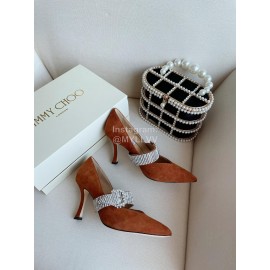 Jimmy Choo Velvet Leather Diamond Buckle Pointed High Heels For Women Brown