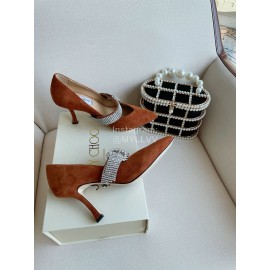 Jimmy Choo Velvet Leather Diamond Buckle Pointed High Heels For Women Brown