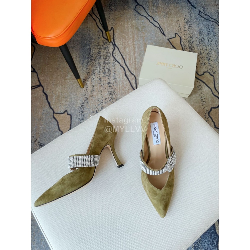 Jimmy Choo Velvet Leather Diamond Buckle Pointed High Heels For Women Green