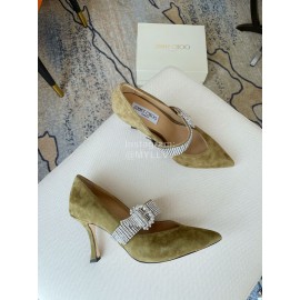 Jimmy Choo Velvet Leather Diamond Buckle Pointed High Heels For Women Green