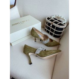 Jimmy Choo Velvet Leather Diamond Buckle Pointed High Heels For Women Green