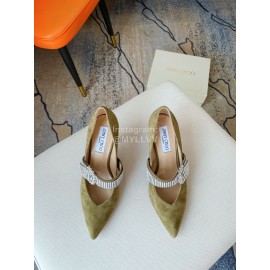 Jimmy Choo Velvet Leather Diamond Buckle Pointed High Heels For Women Green