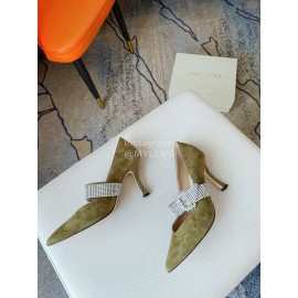 Jimmy Choo Velvet Leather Diamond Buckle Pointed High Heels For Women Green