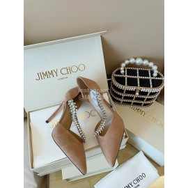 Jimmy Choo Fashion Velvet Leather Pointed High Heels For Women Apricot