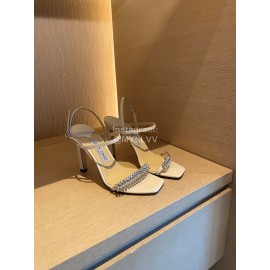 Jimmy Choo Sheepskin Diamond Buckle High Heeled Slippers For Women White