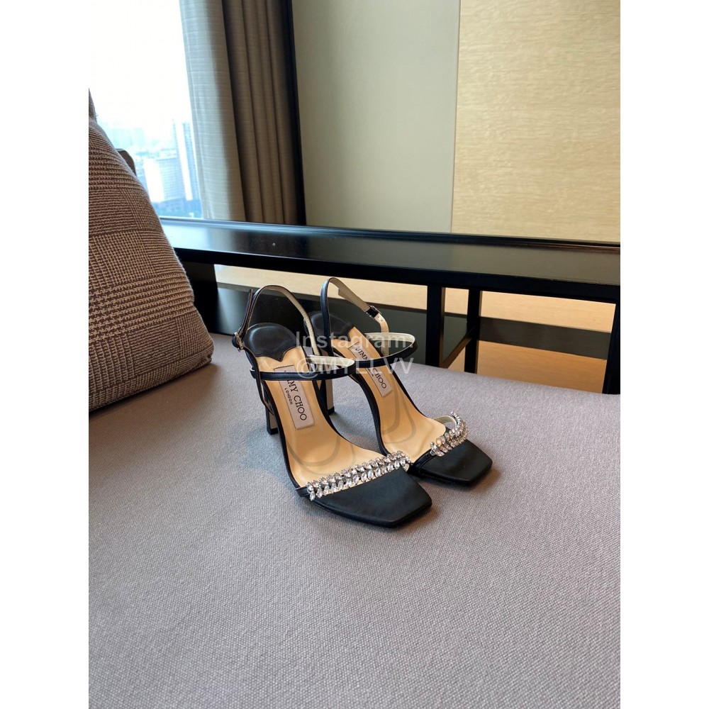 Jimmy Choo Sheepskin Diamond Buckle High Heeled Slippers For Women Black