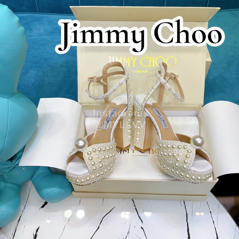 Jimmy Choo Sheepskin Pearl Thick High Heeled Sandals For Women 
