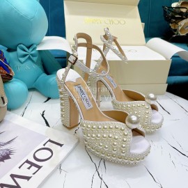 Jimmy Choo Sheepskin Pearl Thick High Heeled Sandals For Women 