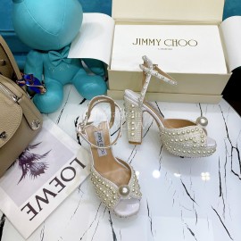 Jimmy Choo Sheepskin Pearl Thick High Heeled Sandals For Women 