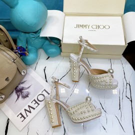 Jimmy Choo Sheepskin Pearl Thick High Heeled Sandals For Women 