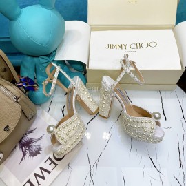 Jimmy Choo Sheepskin Pearl Thick High Heeled Sandals For Women 