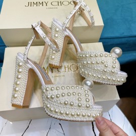 Jimmy Choo Sheepskin Pearl Thick High Heeled Sandals For Women 