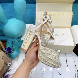 Jimmy Choo Sheepskin Pearl Thick High Heeled Sandals For Women 