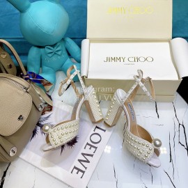 Jimmy Choo New Sheepskin Pearl Thick High Heeled Sandals For Women 