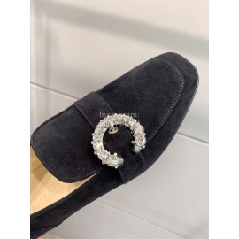 Jimmy Choo Velvet Leather Diamond Buckle Loafers For Women Black