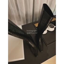 Khaite Crocodile Leather High Heeled Knee Boots For Women Black