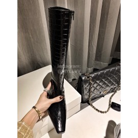 Khaite Crocodile Leather High Heeled Knee Boots For Women Black