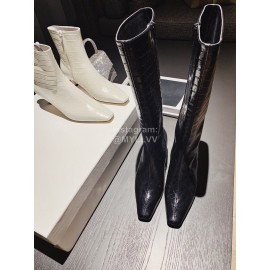 Khaite Crocodile Leather High Heeled Knee Boots For Women Black