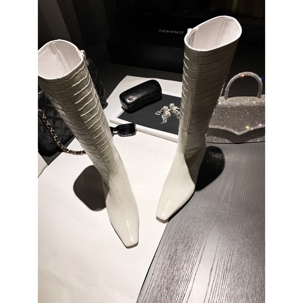 Khaite Crocodile Leather High Heeled Knee Boots For Women White
