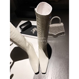 Khaite Crocodile Leather High Heeled Knee Boots For Women White