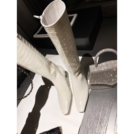 Khaite Crocodile Leather High Heeled Knee Boots For Women White