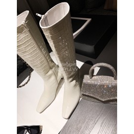 Khaite Crocodile Leather High Heeled Knee Boots For Women White