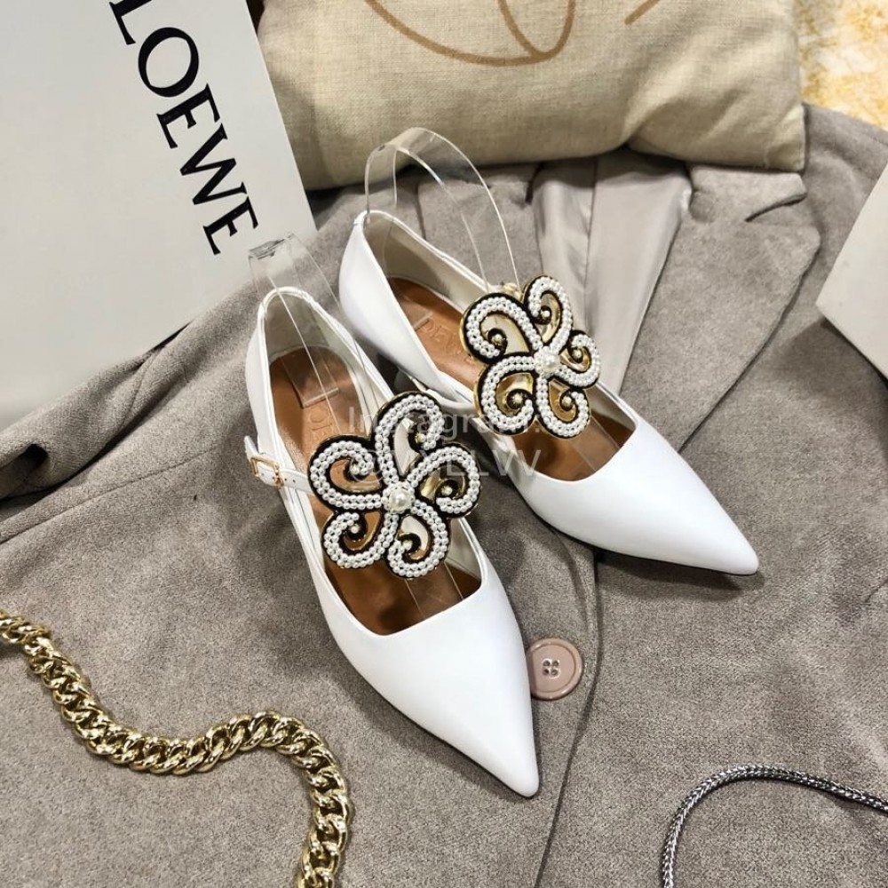 Loewe Pearl Flower Pointed High Heels For Women White