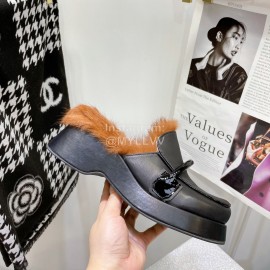 Lost In Echo Rabbit Hair Cow Skin Thick Soled Sandals For Women Black