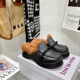 Lost In Echo Rabbit Hair Cow Skin Thick Soled Sandals For Women Black