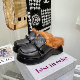 Lost In Echo Rabbit Hair Cow Skin Thick Soled Sandals For Women Black