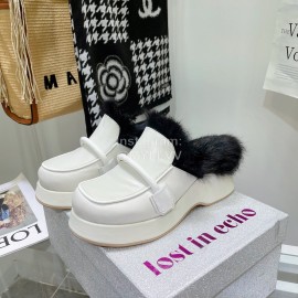 Lost In Echo Rabbit Hair Cow Skin Thick Soled Sandals For Women White