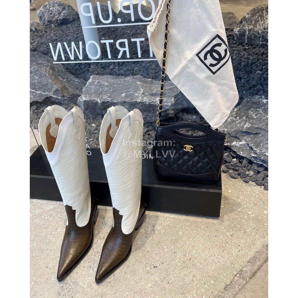 Lost In Echo Cowhide Pointed Thick High Heeled Boots For Women White