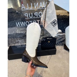 Lost In Echo Cowhide Pointed Thick High Heeled Boots For Women White