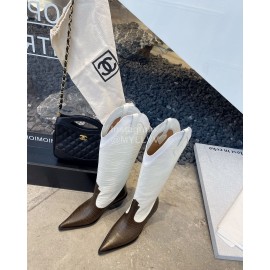 Lost In Echo Cowhide Pointed Thick High Heeled Boots For Women White