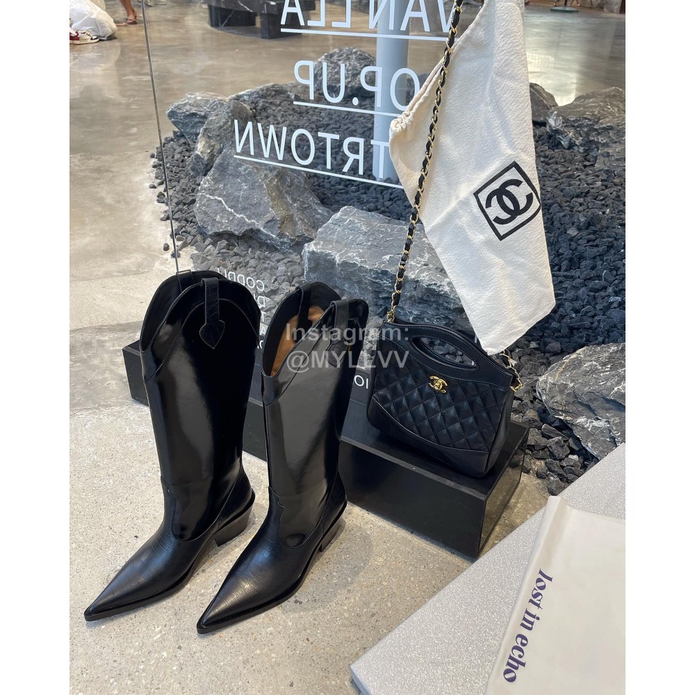 Lost In Echo Cowhide Pointed Thick High Heeled Boots For Women Black