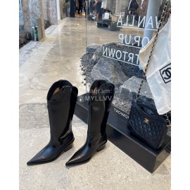 Lost In Echo Cowhide Pointed Thick High Heeled Boots For Women Black