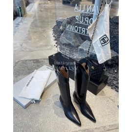 Lost In Echo Cowhide Pointed Thick High Heeled Boots For Women Black