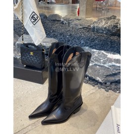 Lost In Echo Cowhide Pointed Thick High Heeled Boots For Women Black