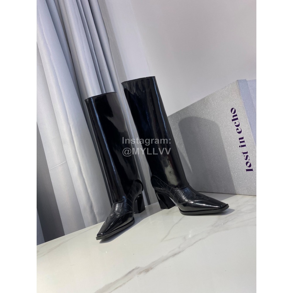 Lost In Echo Fashion Cowhide Thick High Heeled Boots Black For Women