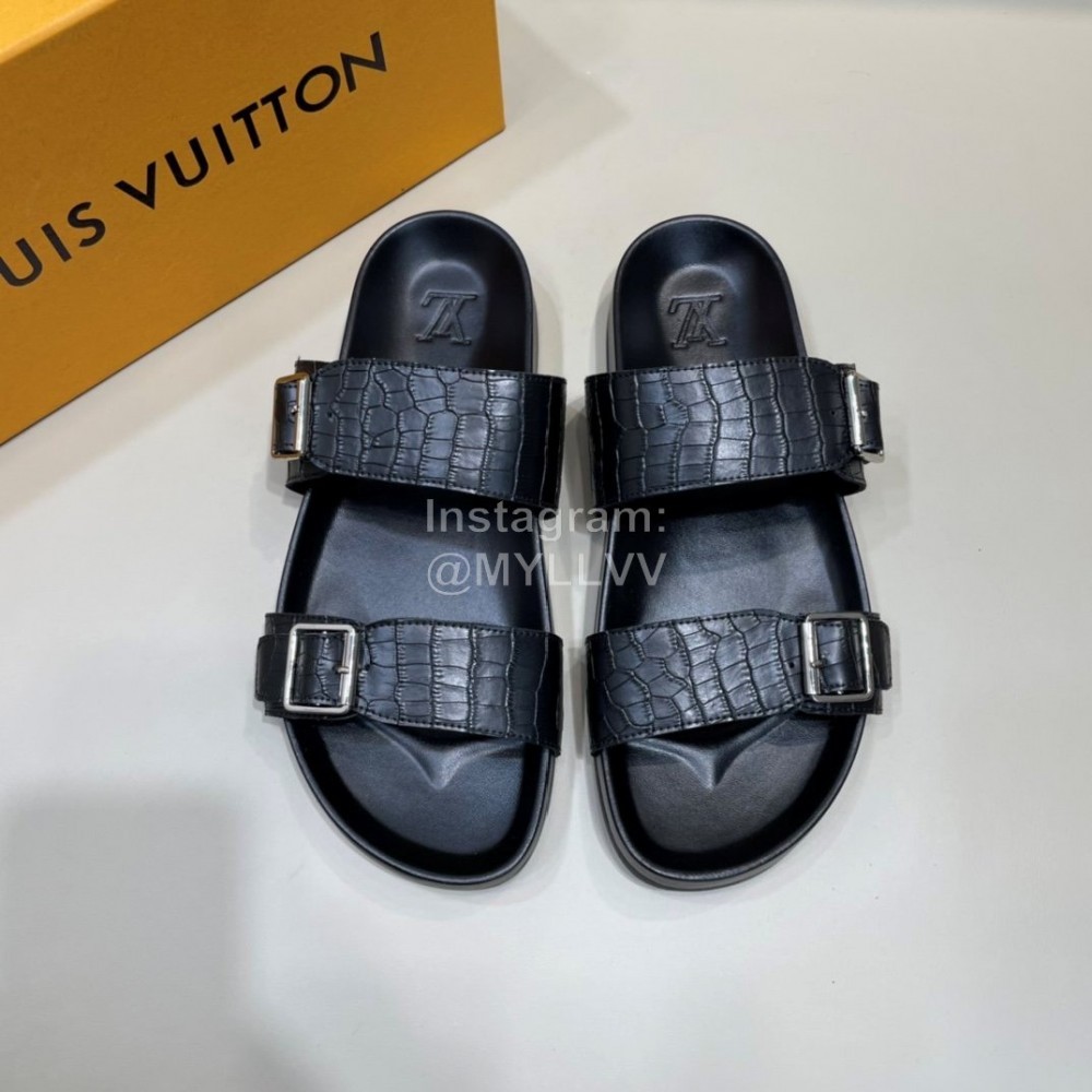 LV Summer Black Leather Slippers For Men