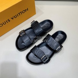 LV Summer Black Leather Slippers For Men