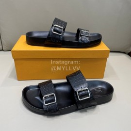 LV Summer Black Leather Slippers For Men