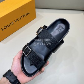 LV Summer Black Leather Slippers For Men