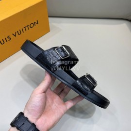 LV Summer Black Leather Slippers For Men