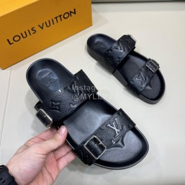 LV Summer Black Embossed Leather Slippers For Men
