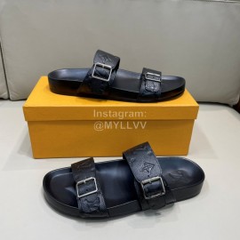LV Summer Black Embossed Leather Slippers For Men