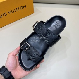 LV Summer Black Embossed Leather Slippers For Men