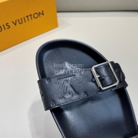 LV Summer Black Embossed Leather Slippers For Men