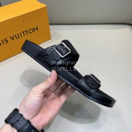 LV Summer Black Embossed Leather Slippers For Men