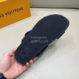 LV Summer Black Embossed Leather Slippers For Men